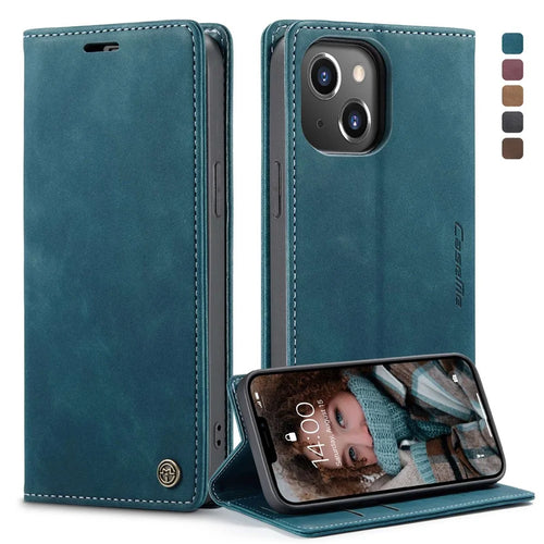 CASEME 013 Series Wallet Design Anti-Drop Magnetic Auto-absorbed PU Leather Flip Folio Phone Case with Stand for iPhone 13 6.1 inch - Blue - 1