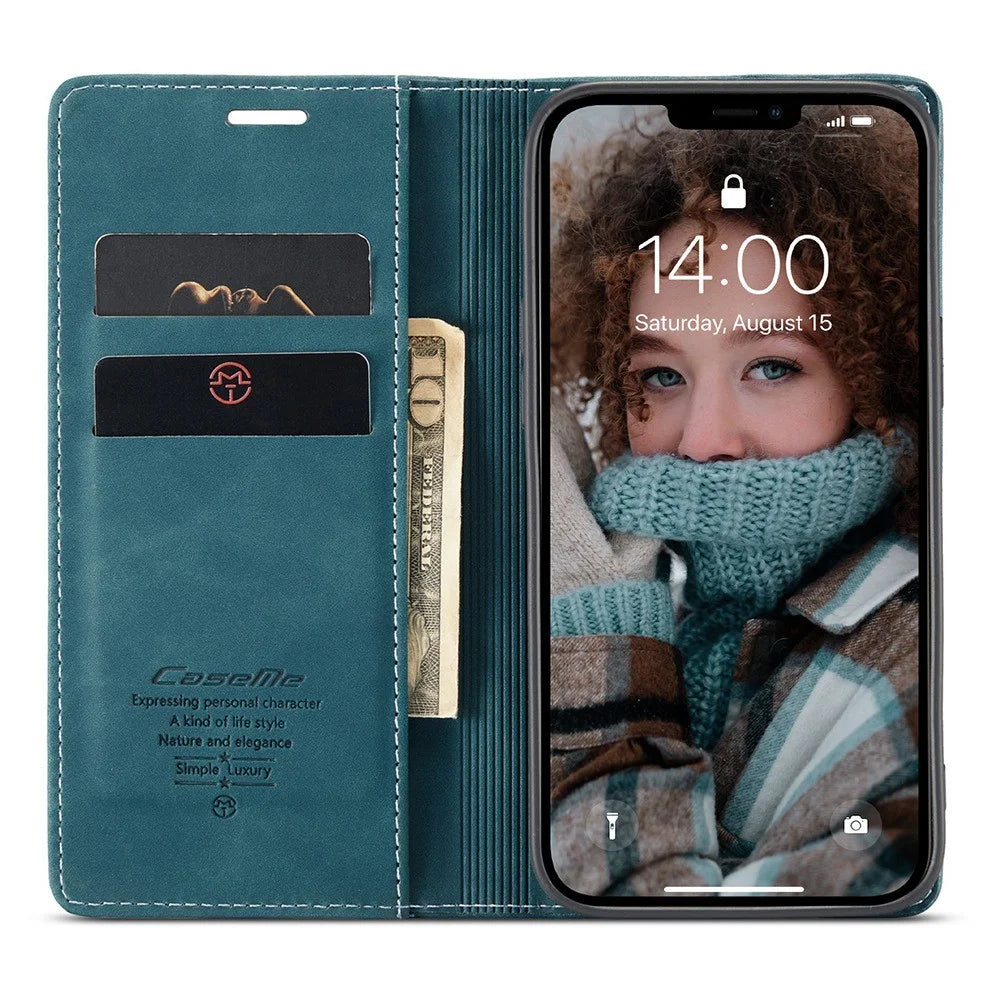 CASEME 013 Series Wallet Design Anti-Drop Magnetic Auto-absorbed PU Leather Flip Folio Phone Case with Stand for iPhone 13 6.1 inch - Blue - 2