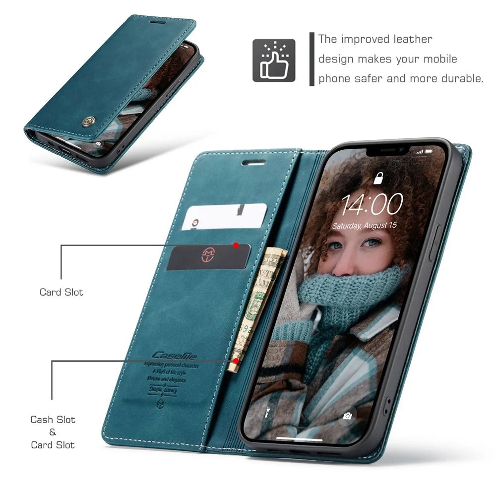 CASEME 013 Series Wallet Design Anti-Drop Magnetic Auto-absorbed PU Leather Flip Folio Phone Case with Stand for iPhone 13 6.1 inch - Blue - 5