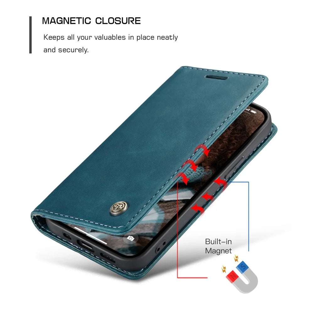 CASEME 013 Series Wallet Design Anti-Drop Magnetic Auto-absorbed PU Leather Flip Folio Phone Case with Stand for iPhone 13 6.1 inch - Blue - 6