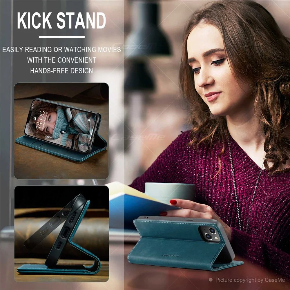 CASEME 013 Series Wallet Design Anti-Drop Magnetic Auto-absorbed PU Leather Flip Folio Phone Case with Stand for iPhone 13 6.1 inch - Blue - 7