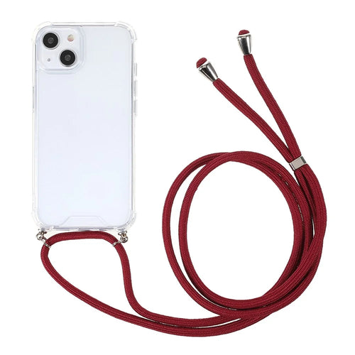 Transparent Acrylic + TPU Hybrid Phone Case Cover with Textile Lanyard for iPhone 13 6.1 inch - Jujube Red - 1
