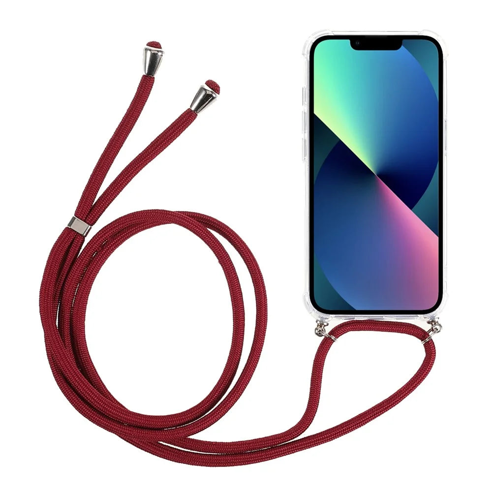 Transparent Acrylic + TPU Hybrid Phone Case Cover with Textile Lanyard for iPhone 13 6.1 inch - Jujube Red - 2