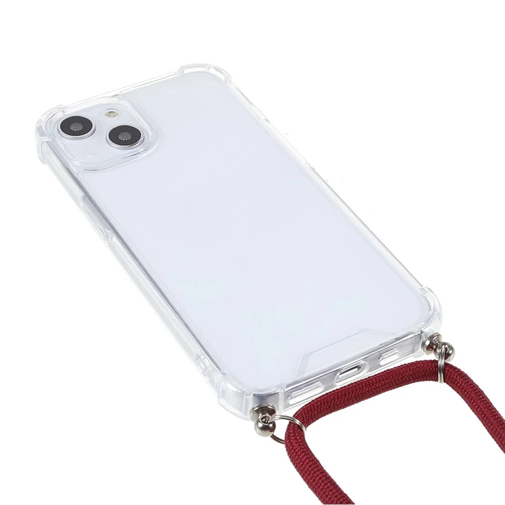 Transparent Acrylic + TPU Hybrid Phone Case Cover with Textile Lanyard for iPhone 13 6.1 inch - Jujube Red - 3