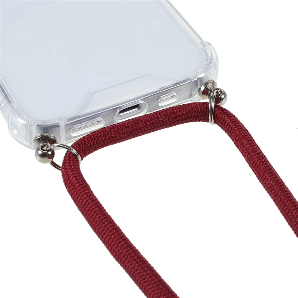 Transparent Acrylic + TPU Hybrid Phone Case Cover with Textile Lanyard for iPhone 13 6.1 inch - Jujube Red - 4