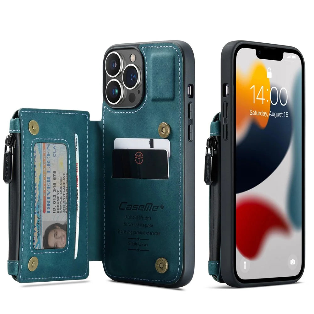 CASEME C20 Series Scratch Resistant Shockproof Phone Cover Zipper Pocket Card Slots Wallet Design PU Leather and TPU Back Case for iPhone 13 Pro Max 6.7 inch - Blue - 1
