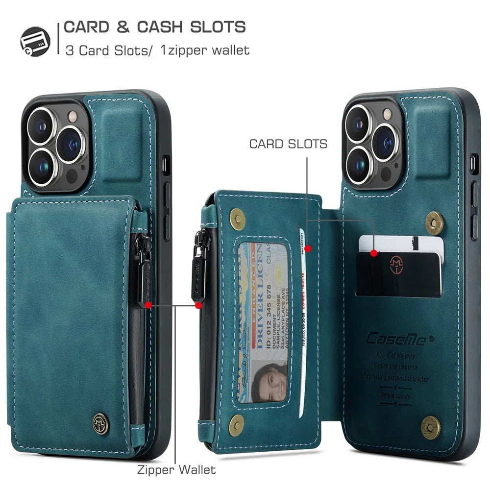 CASEME C20 Series Scratch Resistant Shockproof Phone Cover Zipper Pocket Card Slots Wallet Design PU Leather and TPU Back Case for iPhone 13 Pro Max 6.7 inch - Blue - 4