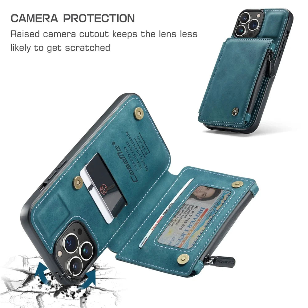 CASEME C20 Series Scratch Resistant Shockproof Phone Cover Zipper Pocket Card Slots Wallet Design PU Leather and TPU Back Case for iPhone 13 Pro Max 6.7 inch - Blue - 6
