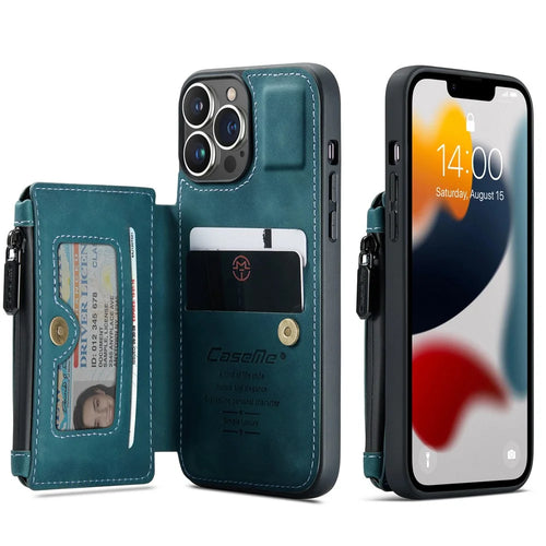 CASEME C20 Series For iPhone 13 Pro 6.1 inch Zipper Pocket Wallet Phone Cover Card Slots Quality PU Leather and TPU Case with Kickstand - Blue - 1