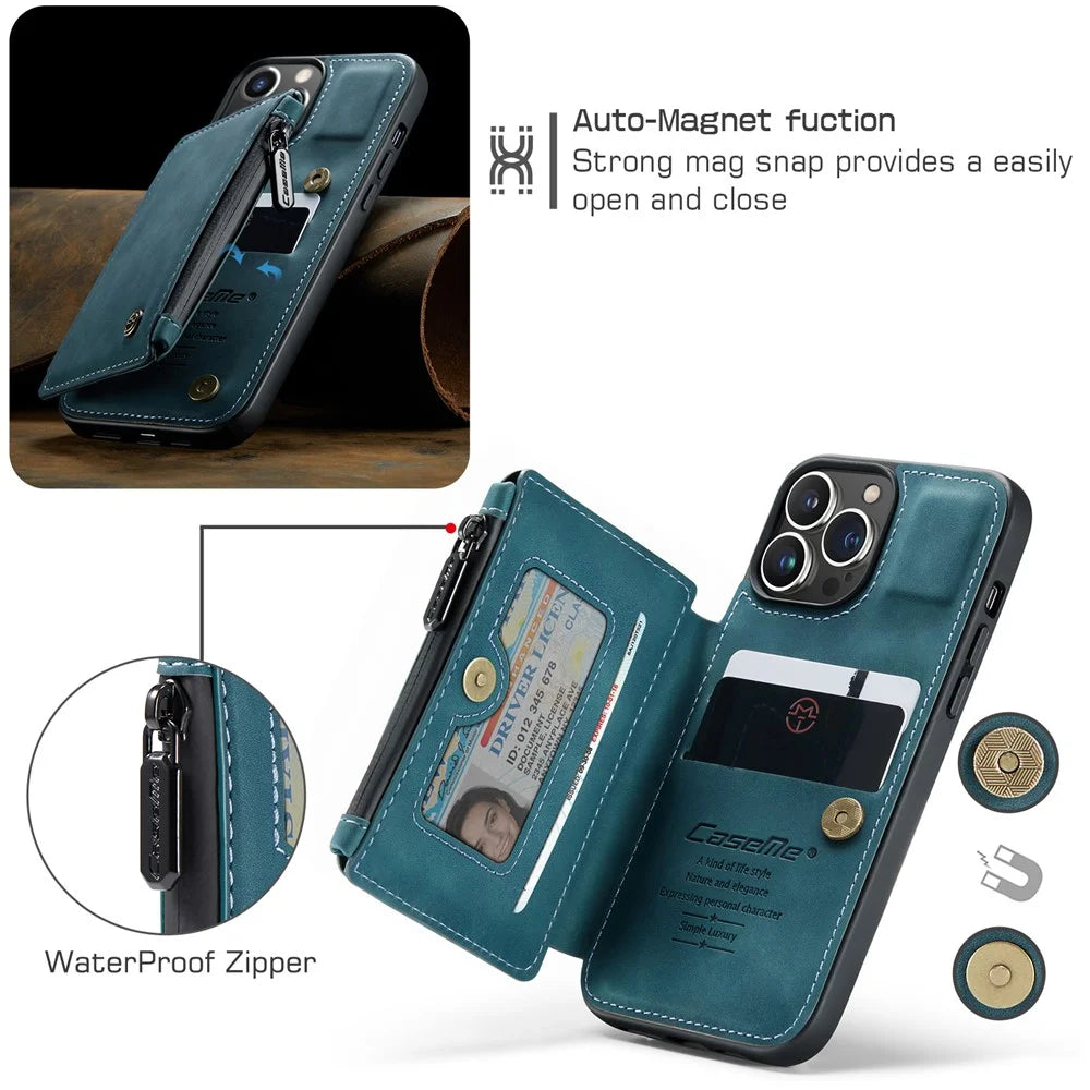 CASEME C20 Series For iPhone 13 Pro 6.1 inch Zipper Pocket Wallet Phone Cover Card Slots Quality PU Leather and TPU Case with Kickstand - Blue - 3