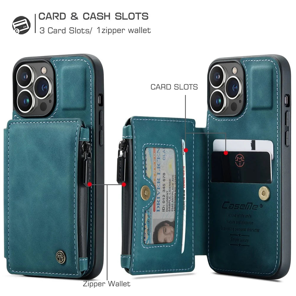 CASEME C20 Series For iPhone 13 Pro 6.1 inch Zipper Pocket Wallet Phone Cover Card Slots Quality PU Leather and TPU Case with Kickstand - Blue - 4