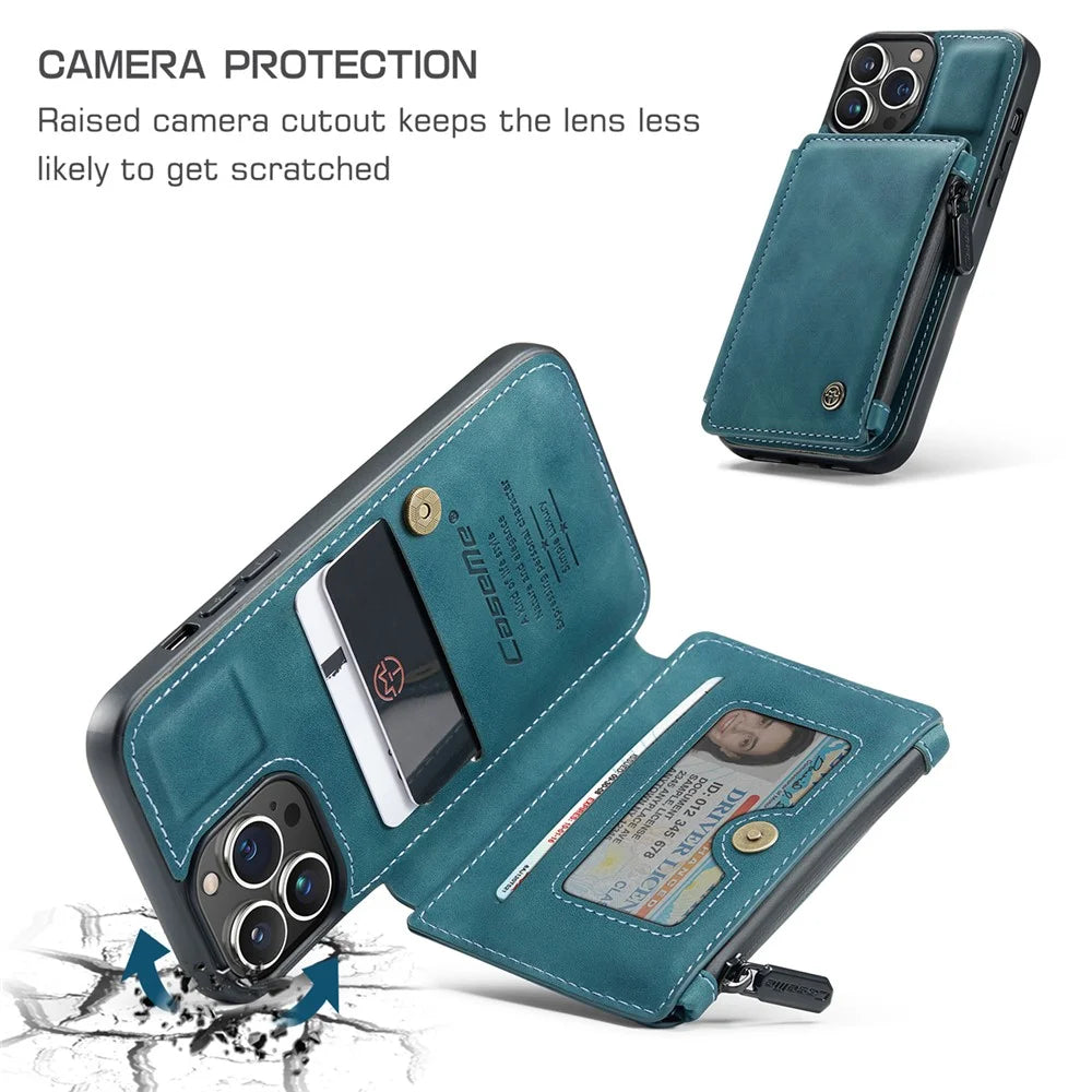 CASEME C20 Series For iPhone 13 Pro 6.1 inch Zipper Pocket Wallet Phone Cover Card Slots Quality PU Leather and TPU Case with Kickstand - Blue - 6