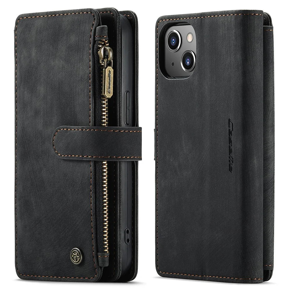 For iPhone 13 Phone Cases with Strap CASEME C30 Zipper Multiple Card Holder PU Leather Cover - Black - 1