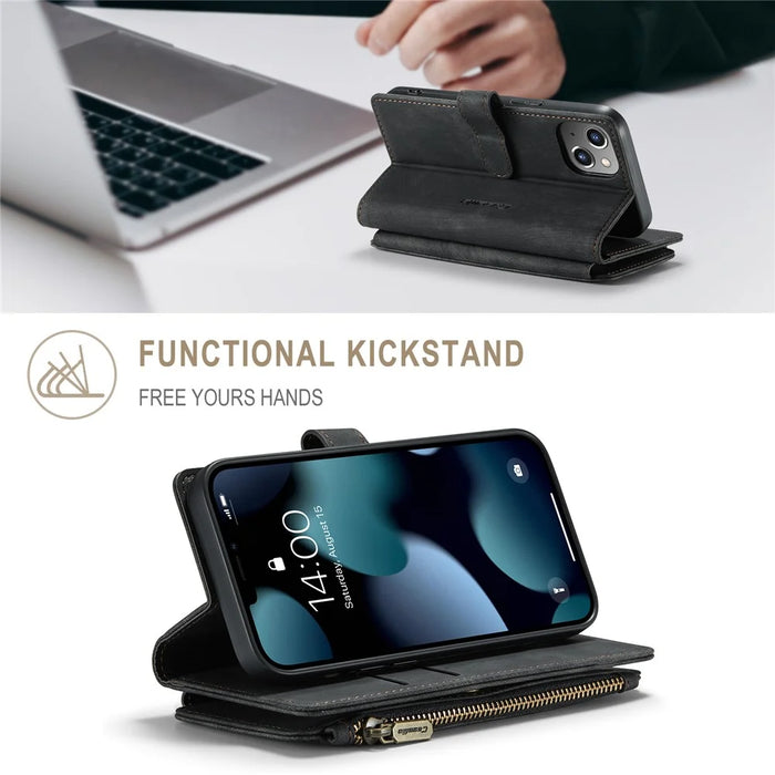 For iPhone 13 Phone Cases with Strap CASEME C30 Zipper Multiple Card Holder PU Leather Cover - Black - 3