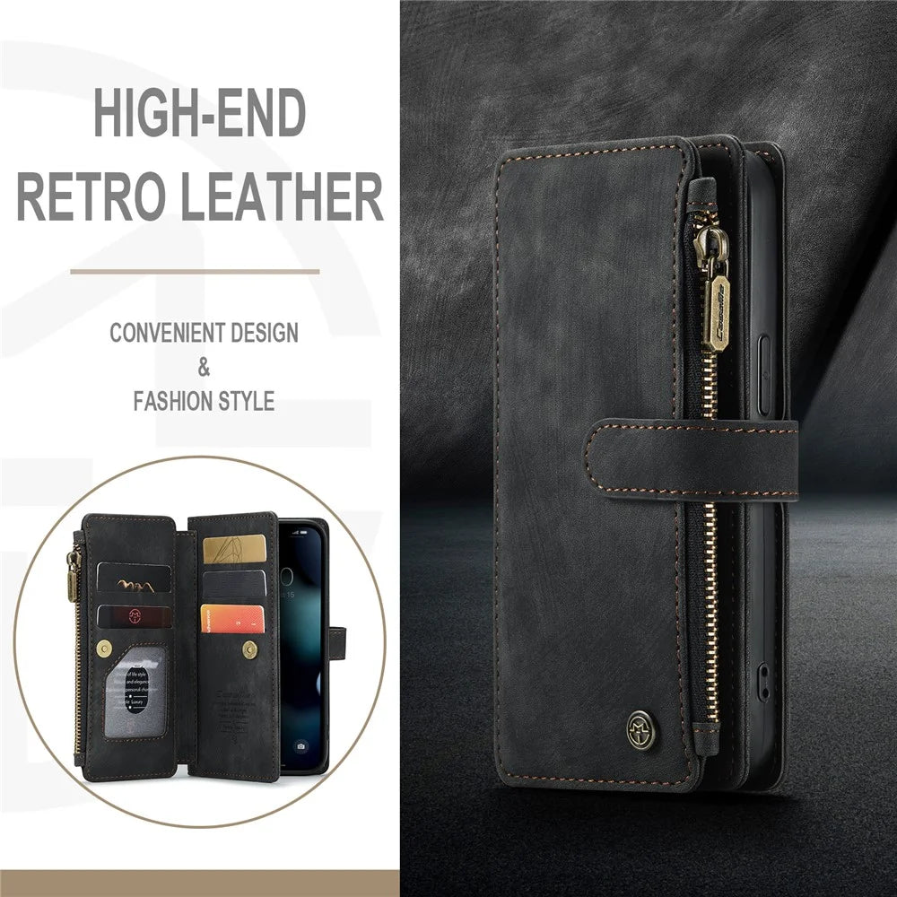 For iPhone 13 Phone Cases with Strap CASEME C30 Zipper Multiple Card Holder PU Leather Cover - Black - 4