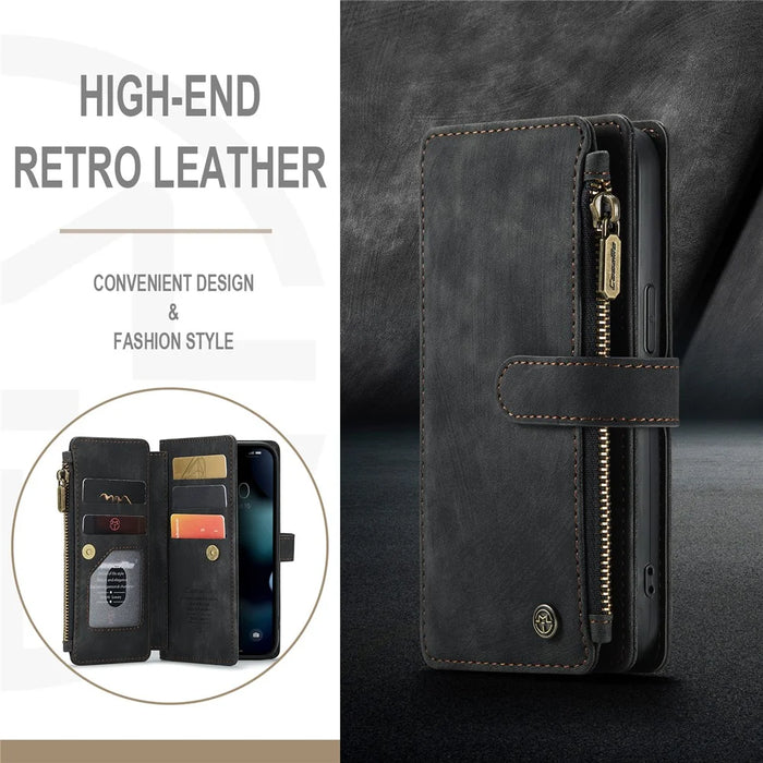 For iPhone 13 Phone Cases with Strap CASEME C30 Zipper Multiple Card Holder PU Leather Cover - Black - 4