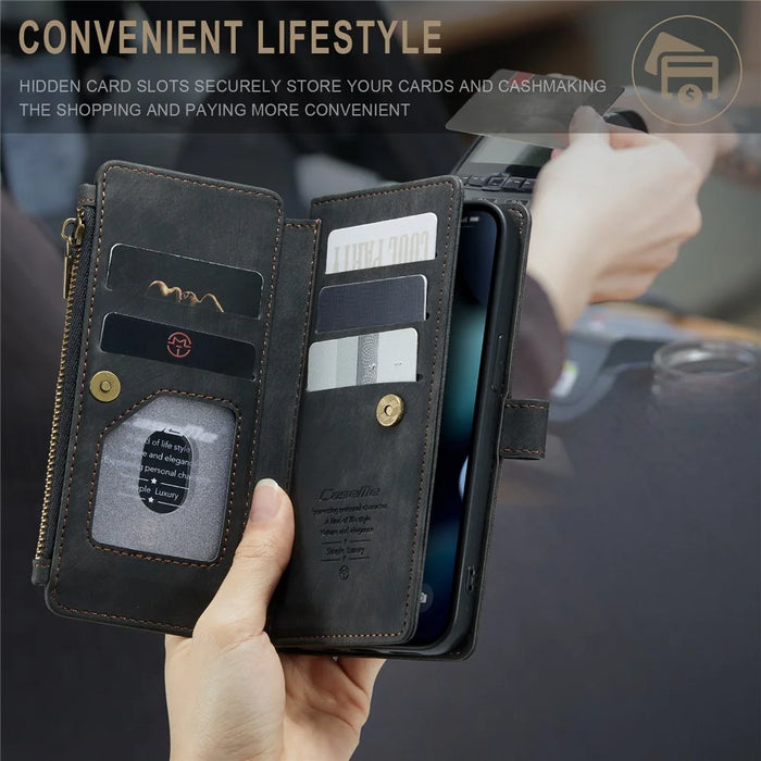 For iPhone 13 Phone Cases with Strap CASEME C30 Zipper Multiple Card Holder PU Leather Cover - Black - 5