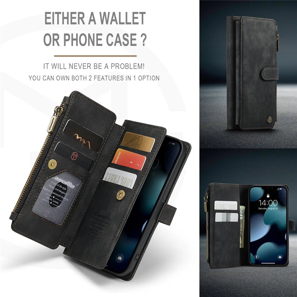 For iPhone 13 Phone Cases with Strap CASEME C30 Zipper Multiple Card Holder PU Leather Cover - Black - 6