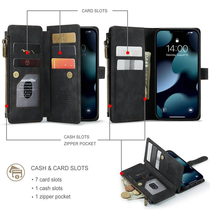For iPhone 13 Phone Cases with Strap CASEME C30 Zipper Multiple Card Holder PU Leather Cover - Black - 7