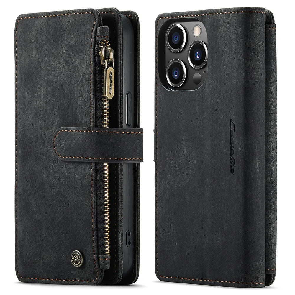 For iPhone 13 Pro Phone Cases with Strap CASEME C30 Zipper Multiple Card Holder PU Leather Cover - Black - 1