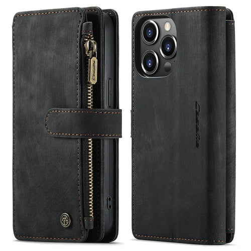 For iPhone 13 Pro Phone Cases with Strap CASEME C30 Zipper Multiple Card Holder PU Leather Cover - Black - 1