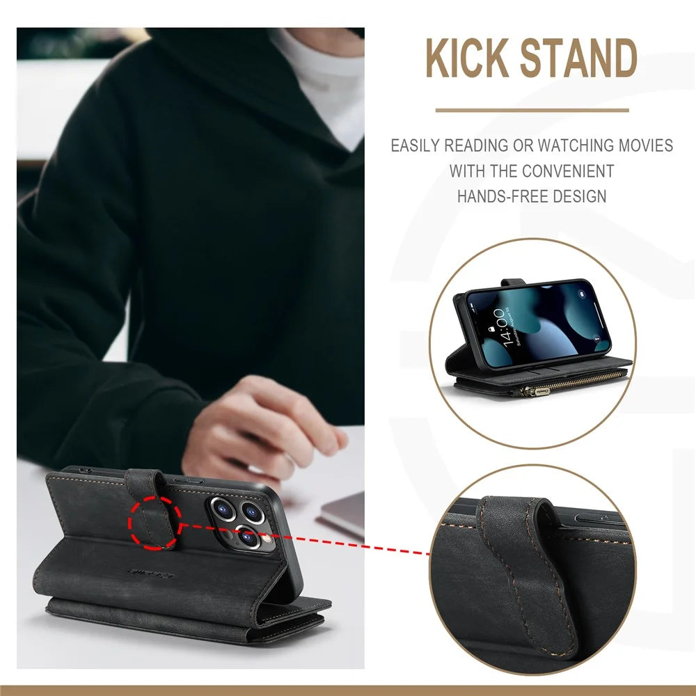For iPhone 13 Pro Phone Cases with Strap CASEME C30 Zipper Multiple Card Holder PU Leather Cover - Black - 2