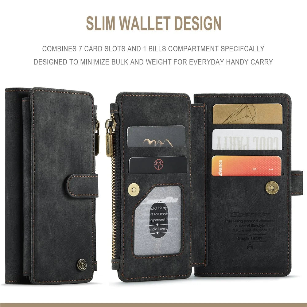 For iPhone 13 Pro Phone Cases with Strap CASEME C30 Zipper Multiple Card Holder PU Leather Cover - Black - 7