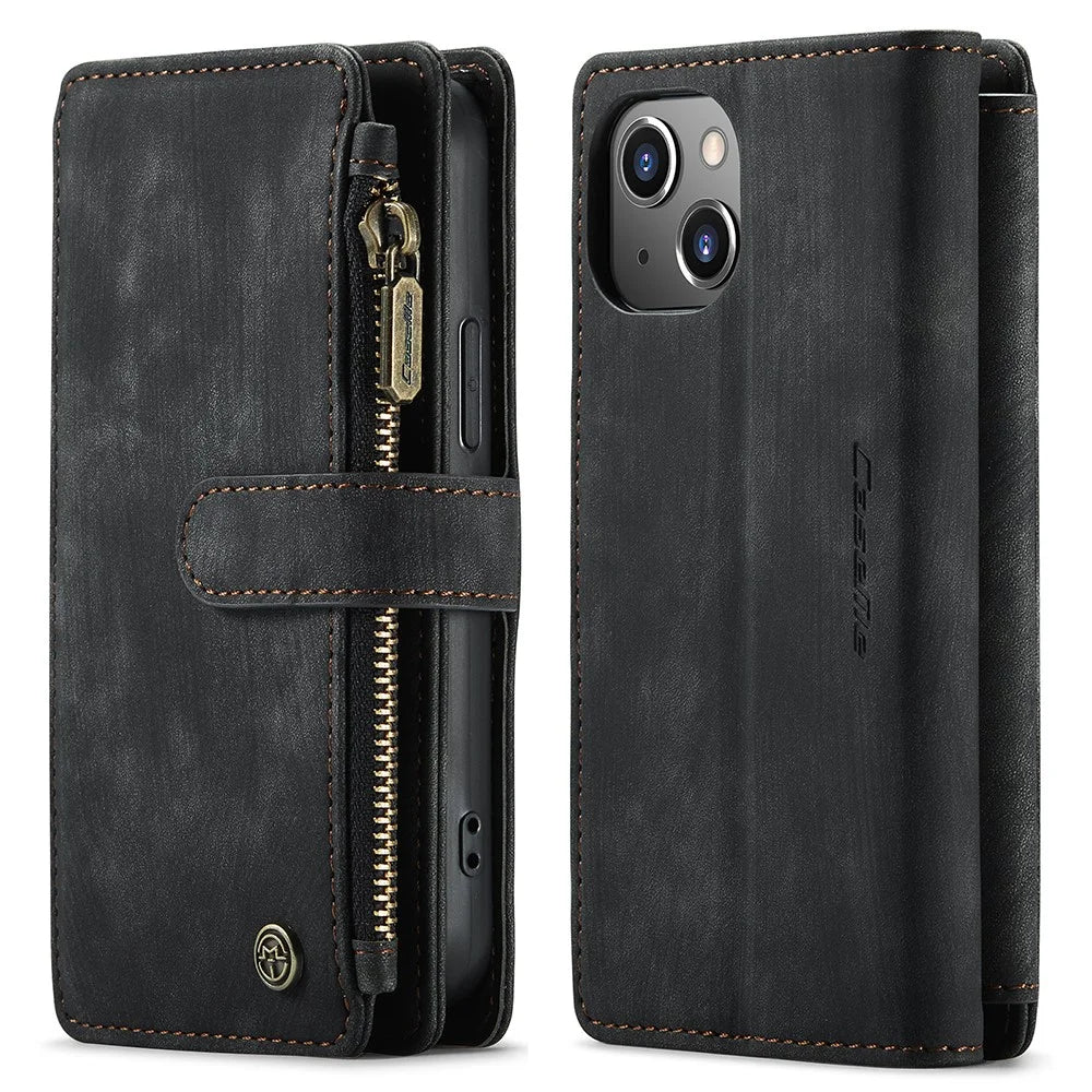 For iPhone 13 mini Phone Cases with Strap CASEME C30 Zipper Multiple Card Holder PU Leather Cover - Black - 1