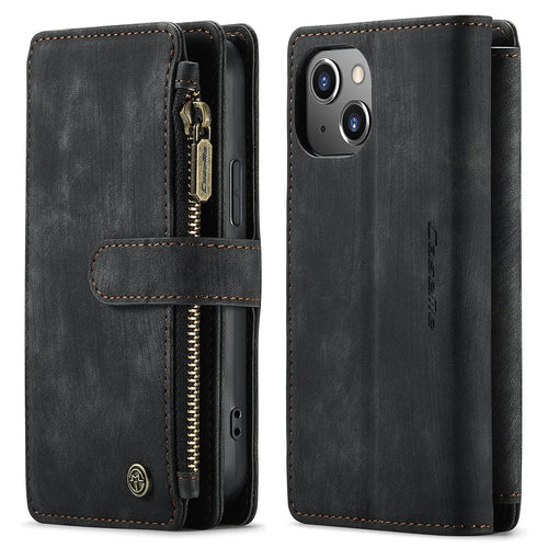 For iPhone 13 mini Phone Cases with Strap CASEME C30 Zipper Multiple Card Holder PU Leather Cover - Black - 1