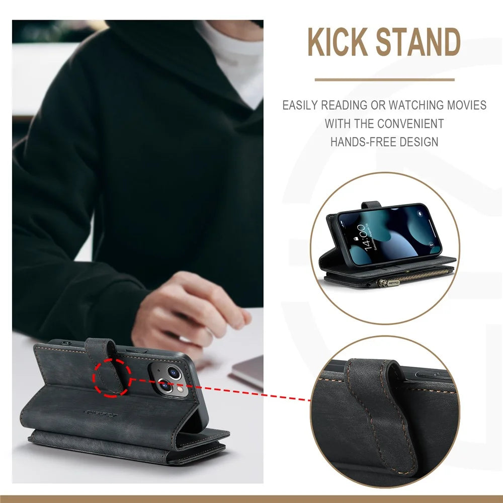 For iPhone 13 mini Phone Cases with Strap CASEME C30 Zipper Multiple Card Holder PU Leather Cover - Black - 2