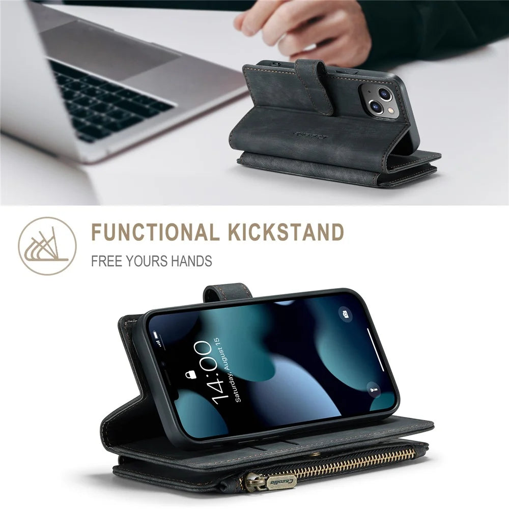 For iPhone 13 mini Phone Cases with Strap CASEME C30 Zipper Multiple Card Holder PU Leather Cover - Black - 3