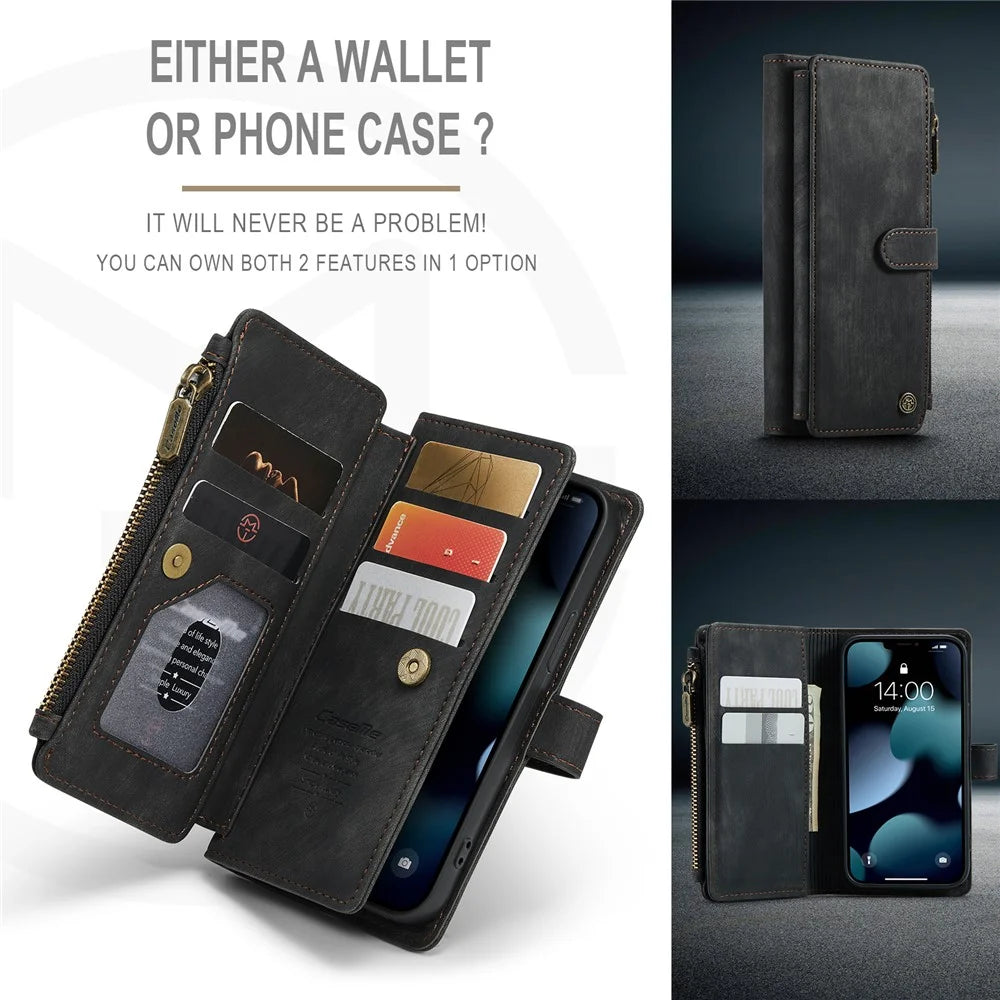 For iPhone 13 mini Phone Cases with Strap CASEME C30 Zipper Multiple Card Holder PU Leather Cover - Black - 4