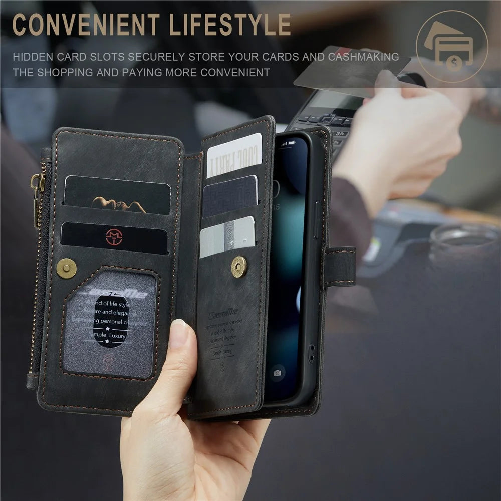 For iPhone 13 mini Phone Cases with Strap CASEME C30 Zipper Multiple Card Holder PU Leather Cover - Black - 7