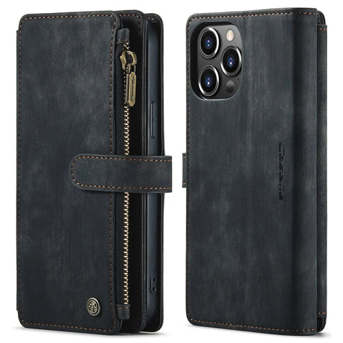 For iPhone 13 Pro Max Phone Cases with Strap CASEME C30 Zipper Multiple Card Holder PU Leather Cover - Black - 1