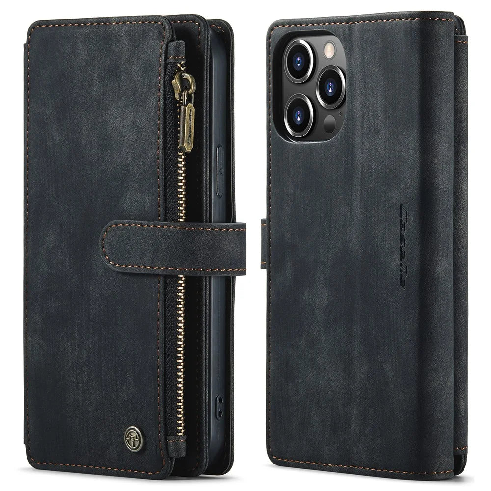 For iPhone 13 Pro Max Phone Cases with Strap CASEME C30 Zipper Multiple Card Holder PU Leather Cover - Black - 1