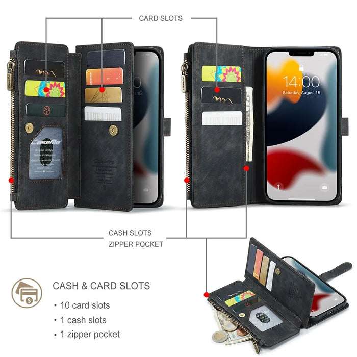 For iPhone 13 Pro Max Phone Cases with Strap CASEME C30 Zipper Multiple Card Holder PU Leather Cover - Black - 3