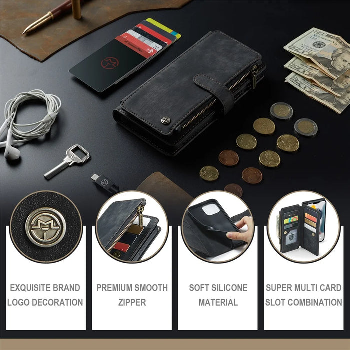 For iPhone 13 Pro Max Phone Cases with Strap CASEME C30 Zipper Multiple Card Holder PU Leather Cover - Black - 4