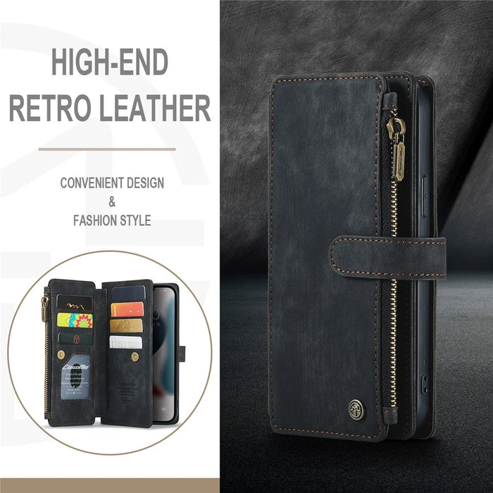 For iPhone 13 Pro Max Phone Cases with Strap CASEME C30 Zipper Multiple Card Holder PU Leather Cover - Black - 5