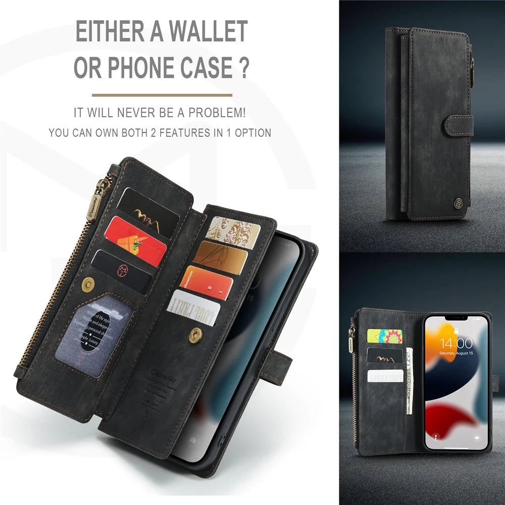 For iPhone 13 Pro Max Phone Cases with Strap CASEME C30 Zipper Multiple Card Holder PU Leather Cover - Black - 7