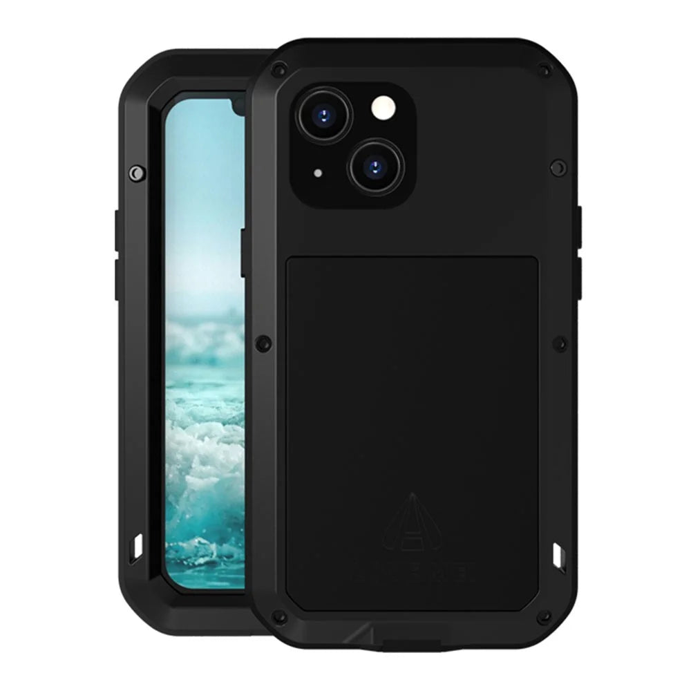 LOVE MEI Shockproof Dropproof Dustproof Metal + Silicone Phone Hybrid Case with Tempered Glass Film Cover for iPhone 13 mini 5.4 inch - Black - 1