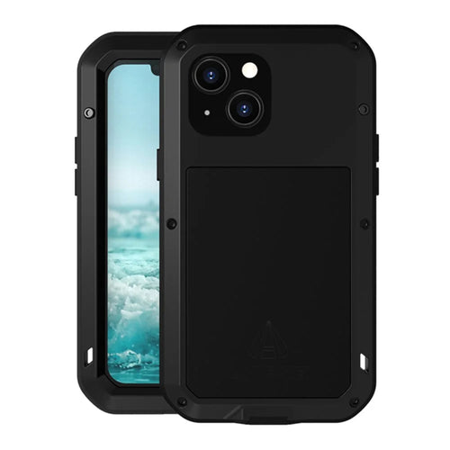 LOVE MEI Shockproof Dropproof Dustproof Metal + Silicone Phone Hybrid Case with Tempered Glass Film Cover for iPhone 13 mini 5.4 inch - Black - 1