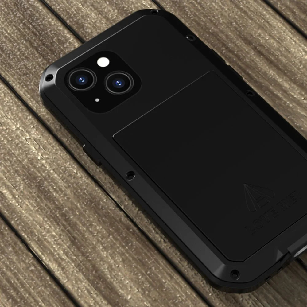 LOVE MEI Shockproof Dropproof Dustproof Metal + Silicone Phone Hybrid Case with Tempered Glass Film Cover for iPhone 13 mini 5.4 inch - Black - 3