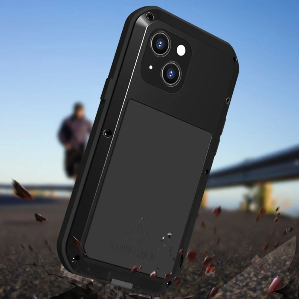 LOVE MEI Shockproof Dropproof Dustproof Metal + Silicone Phone Hybrid Case with Tempered Glass Film Cover for iPhone 13 mini 5.4 inch - Black - 4