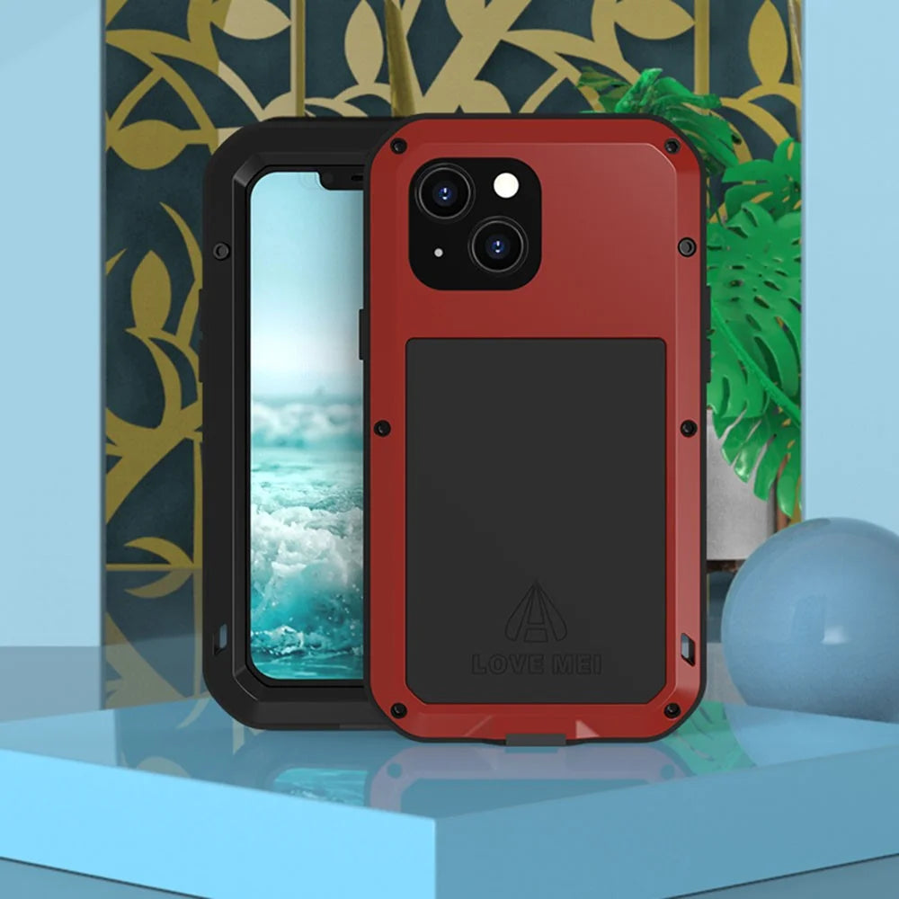 LOVE MEI Shockproof Dropproof Dustproof Metal + Silicone Phone Hybrid Case with Tempered Glass Film Cover for iPhone 13 mini 5.4 inch - Black - 6