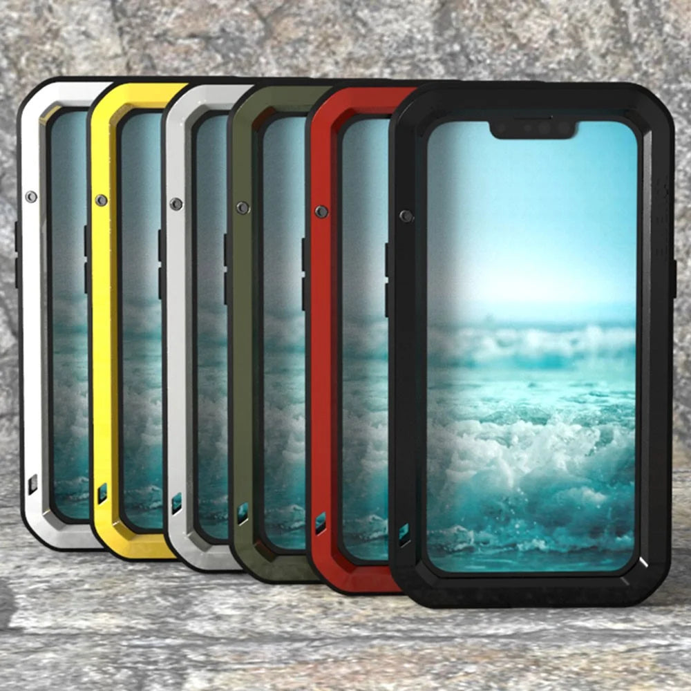 LOVE MEI Shockproof Dropproof Dustproof Metal + Silicone Phone Hybrid Case with Tempered Glass Film Cover for iPhone 13 mini 5.4 inch - Black - 7