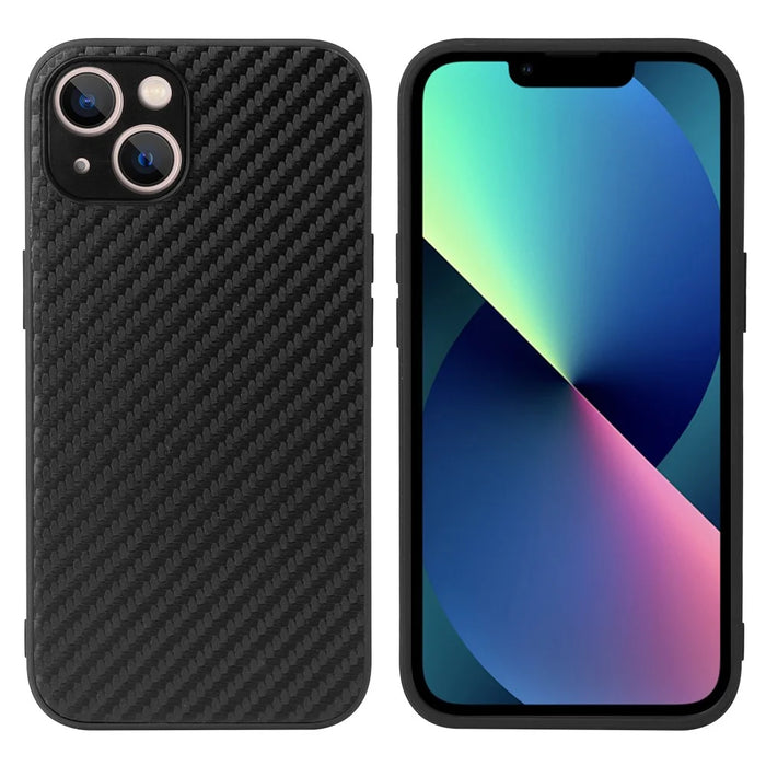 Textured Surface PU Leather Coated PC + TPU Phone Case Shell for iPhone 13 6.1 inch - Carbon Fiber Texture/Black - 1