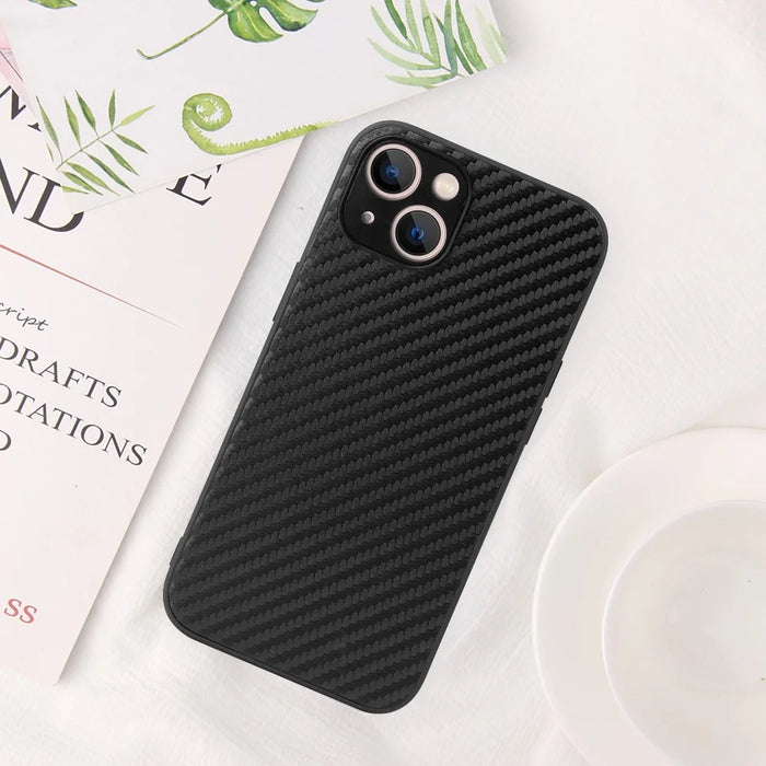 Textured Surface PU Leather Coated PC + TPU Phone Case Shell for iPhone 13 6.1 inch - Carbon Fiber Texture/Black - 7