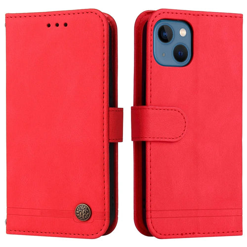 For iPhone 13 Leather Wallet Cases Skin Touch Phone Cover Stand with Strap - Red - 1