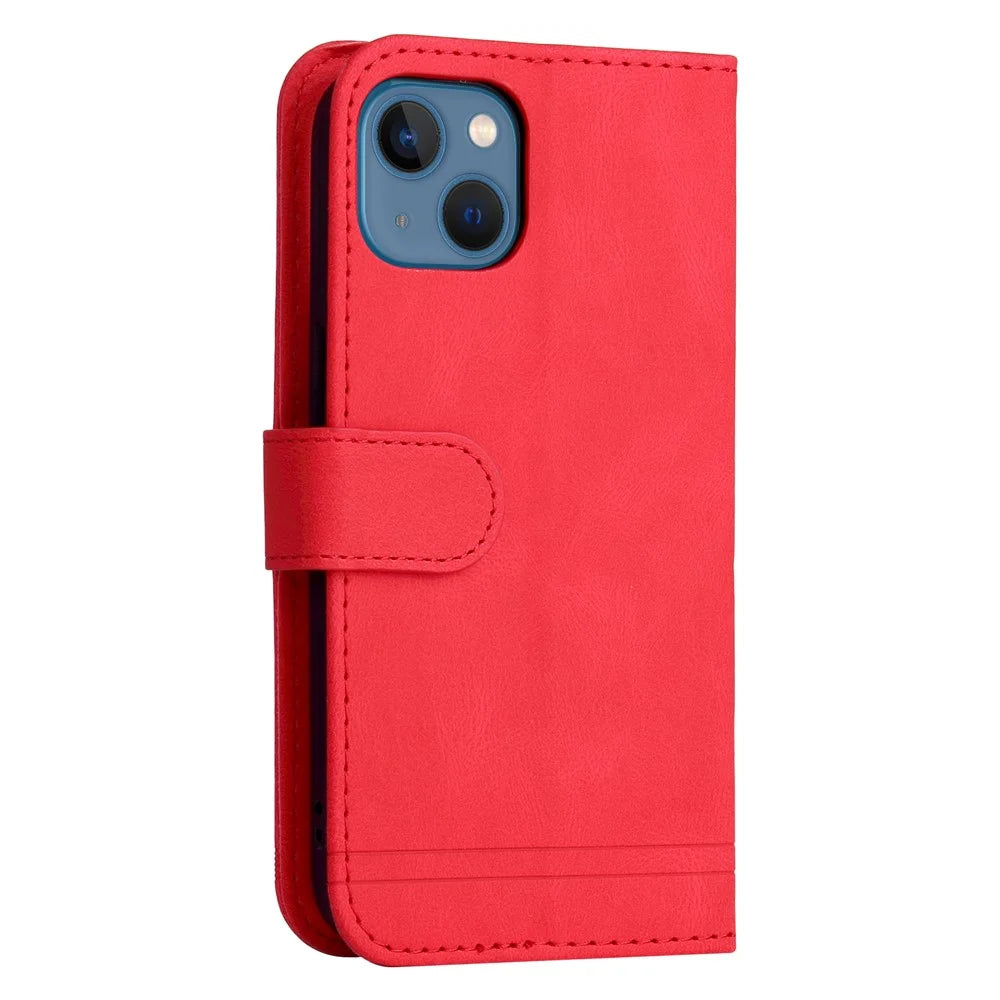 For iPhone 13 Leather Wallet Cases Skin Touch Phone Cover Stand with Strap - Red - 3