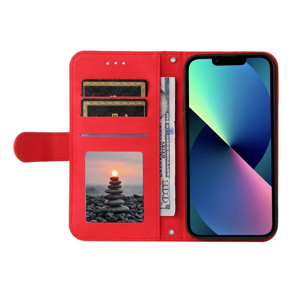 For iPhone 13 Leather Wallet Cases Skin Touch Phone Cover Stand with Strap - Red - 4